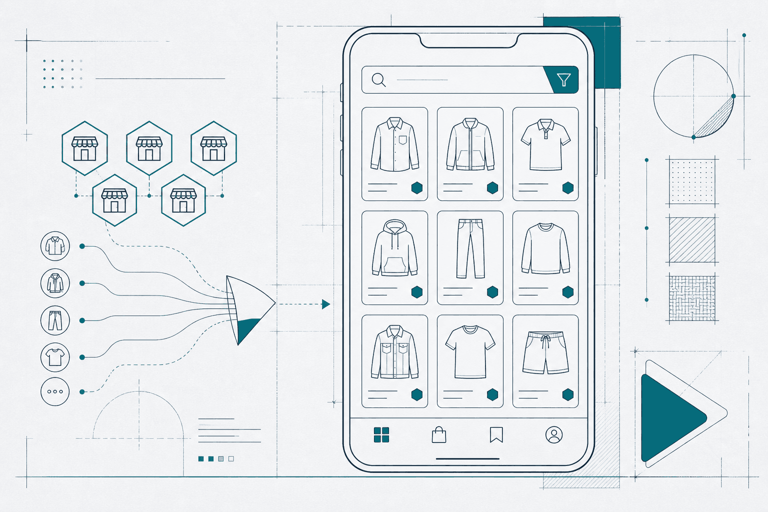 Abstract blueprint visualization of a B2B garment marketplace mobile app